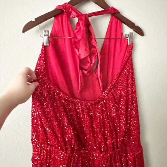 Fashion To Figure Red Sequin V Neck Halter Party Jumpsuit women’s plus size 0X - Picture 6 of 12
